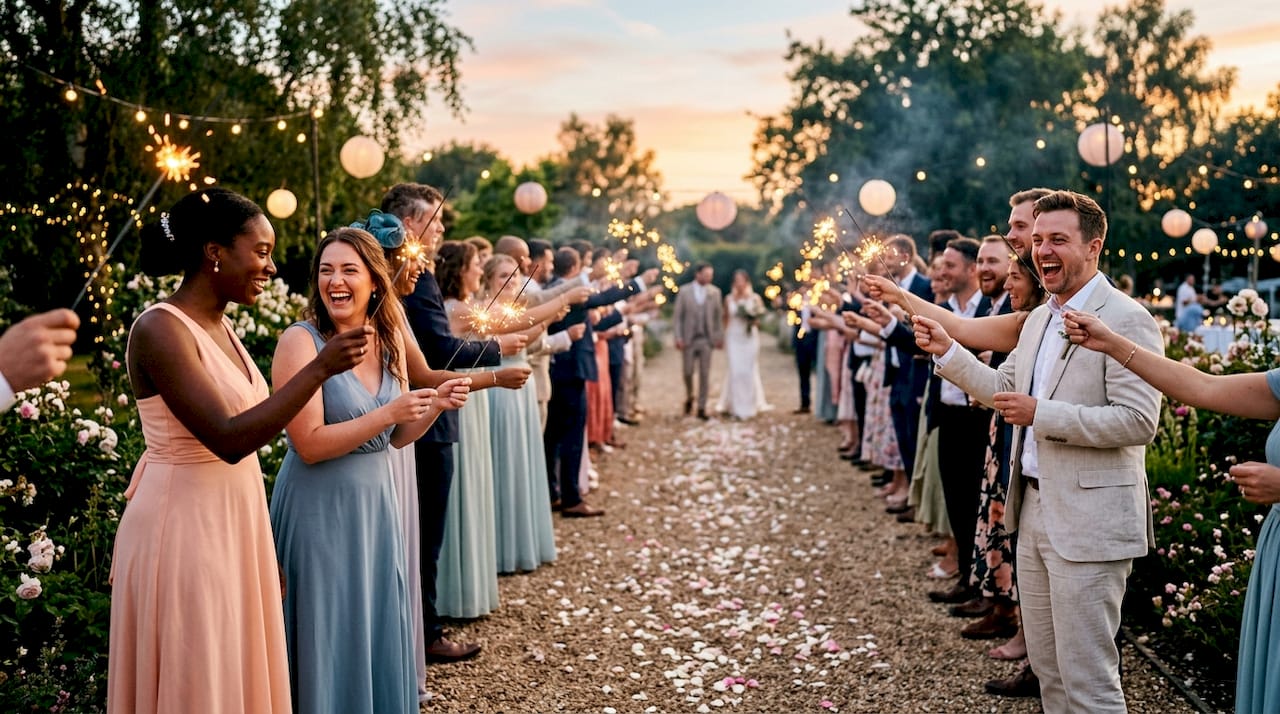 Guests holding sparklers forming wedding exit tunnel