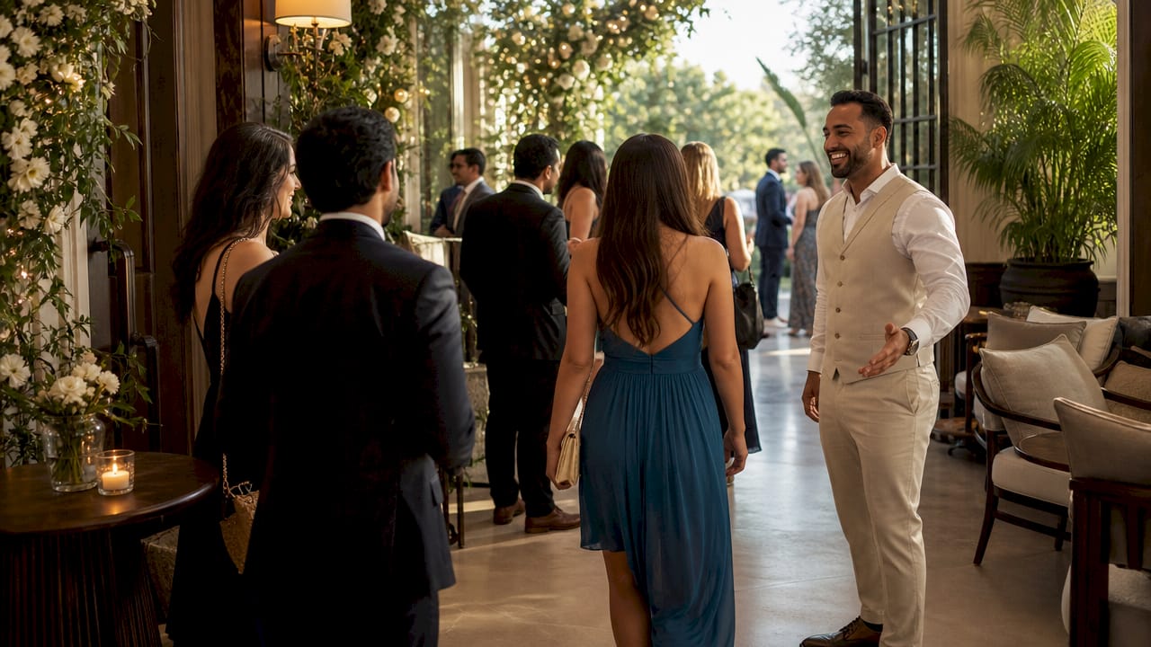Guests welcomed by greeter at wedding entrance