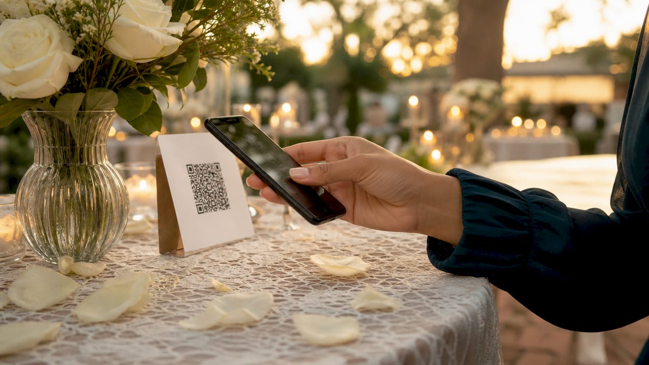 Guest scanning wedding guide QR code card