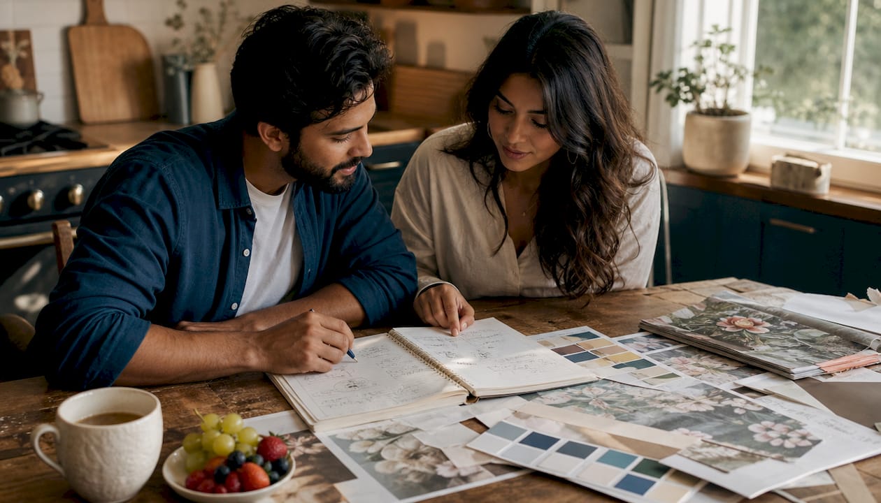 Couple planning intimate wedding at home