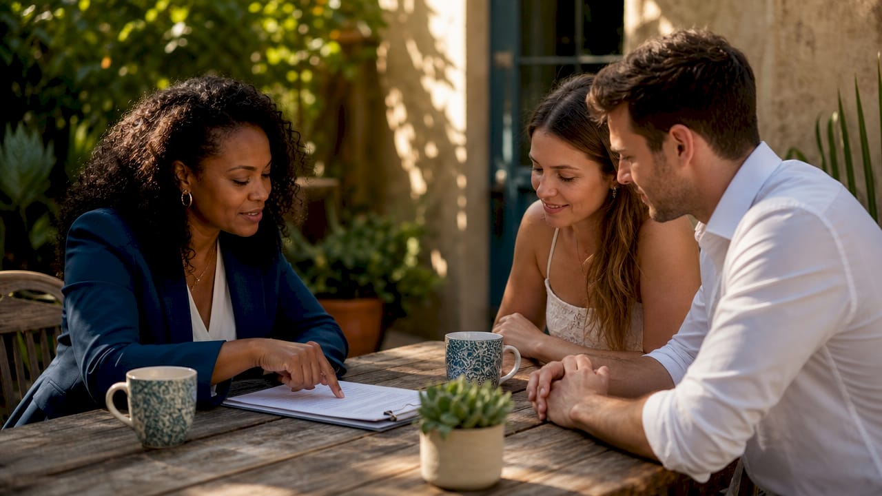 Photographer discussing contract with couple