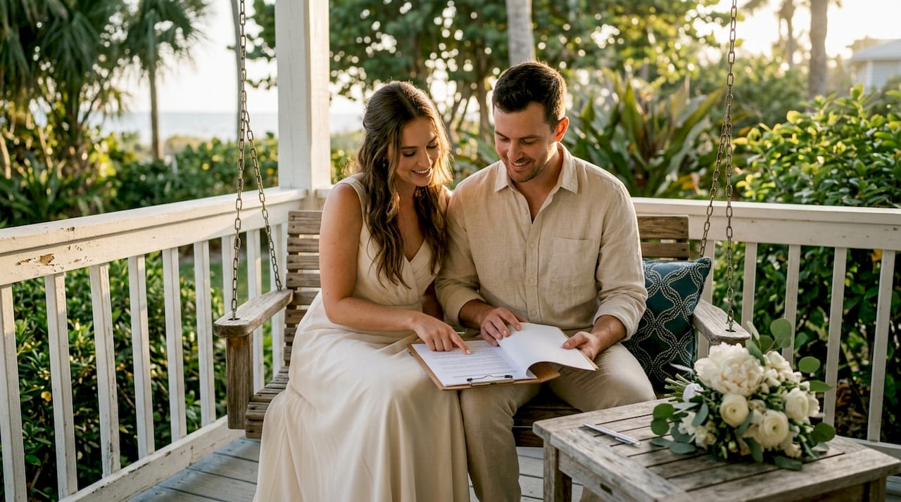 Couple reviewing wedding photography contract