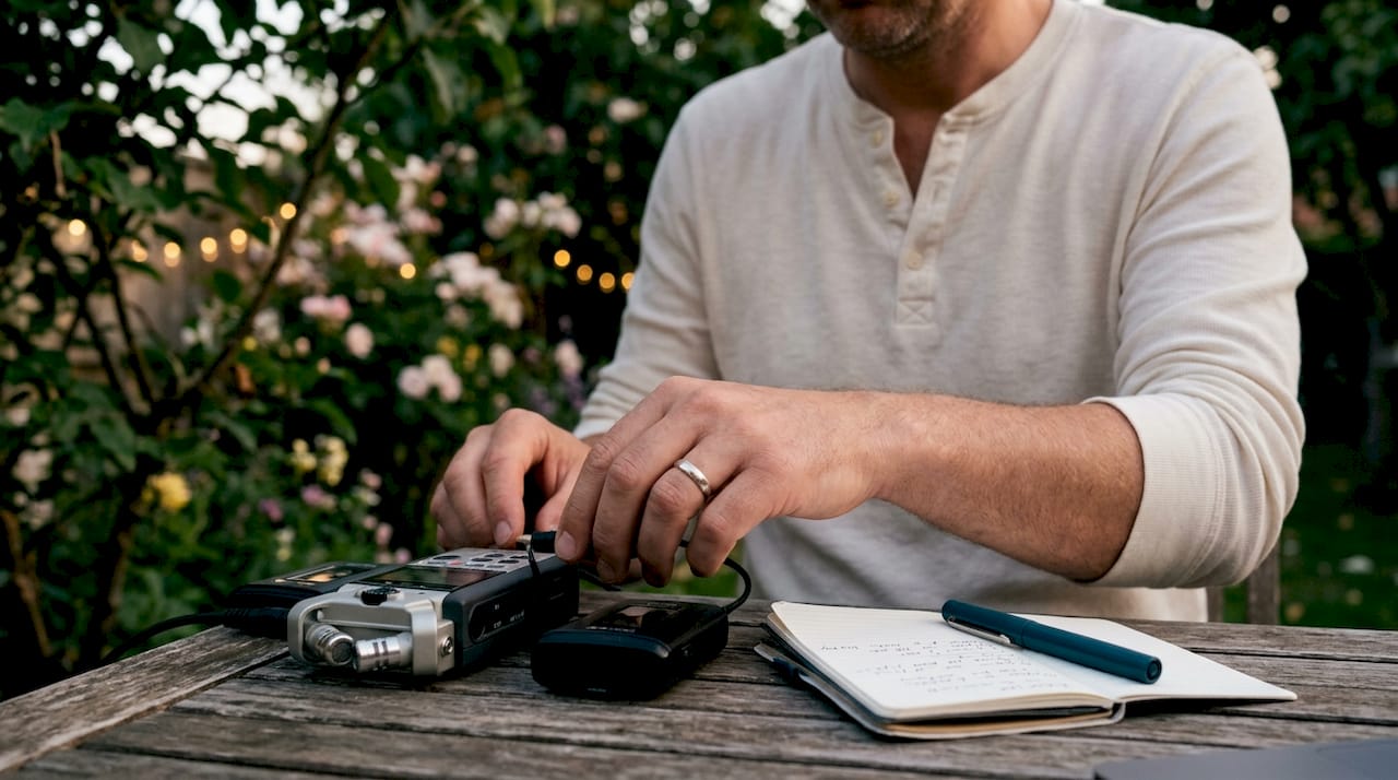 Sound engineer preparing wedding audio recorder and equipment