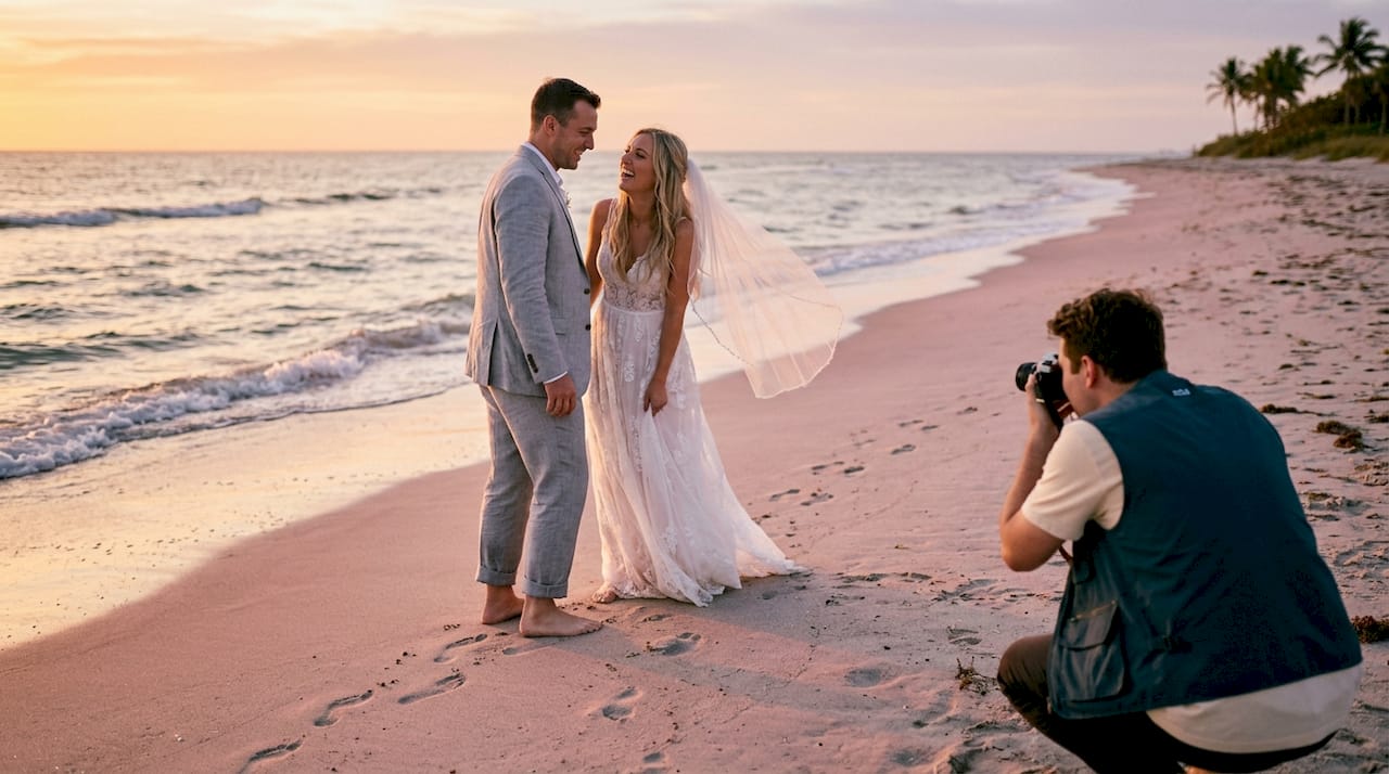 Couple posing for Florida beach wedding photos at sunset