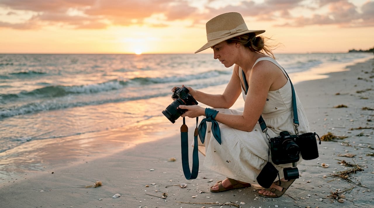 Photographer adjusting camera under harsh beach sun
