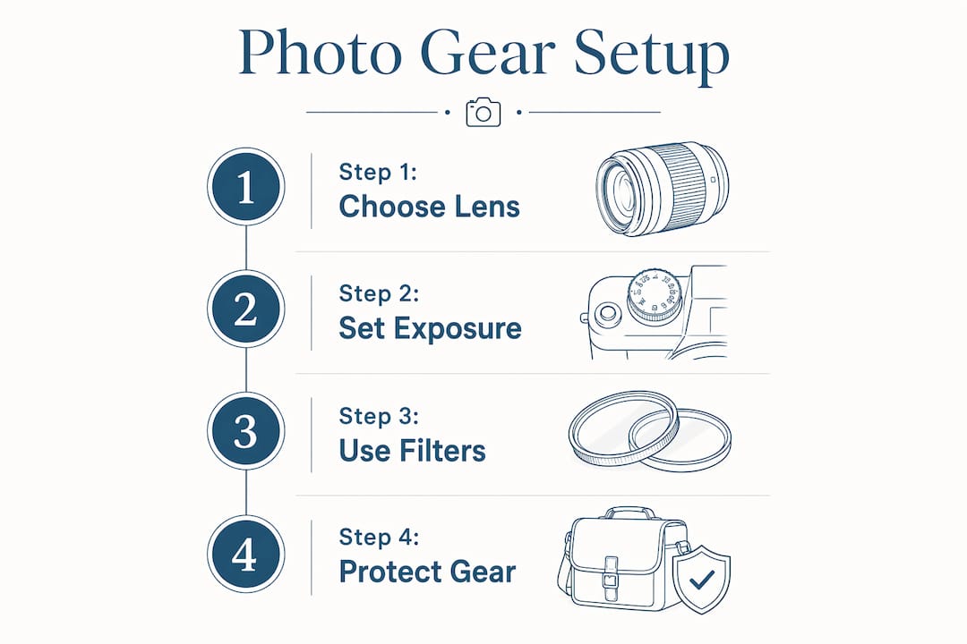 Infographic showing steps for beach wedding photography gear setup