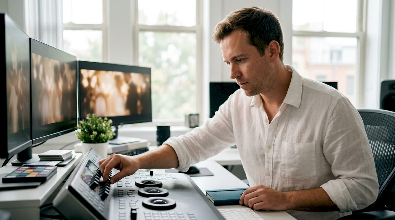 Colorist performing wedding video grading