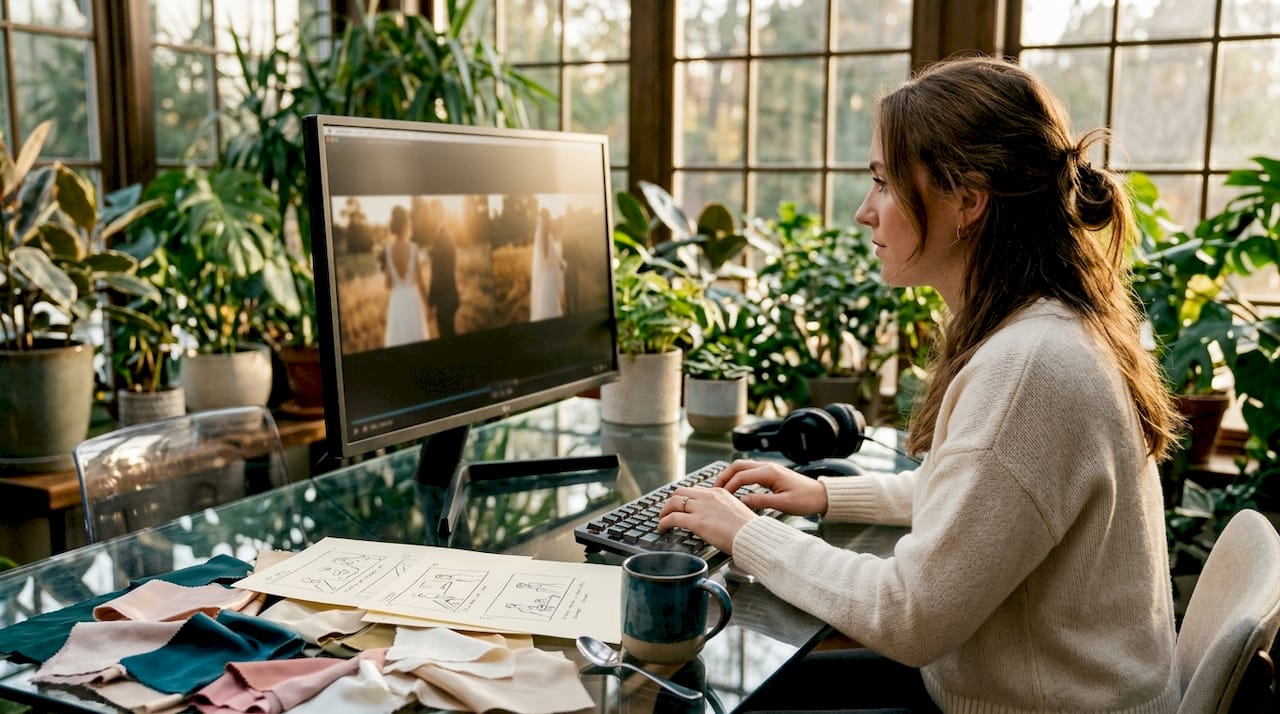 Videographer editing wedding footage at desk