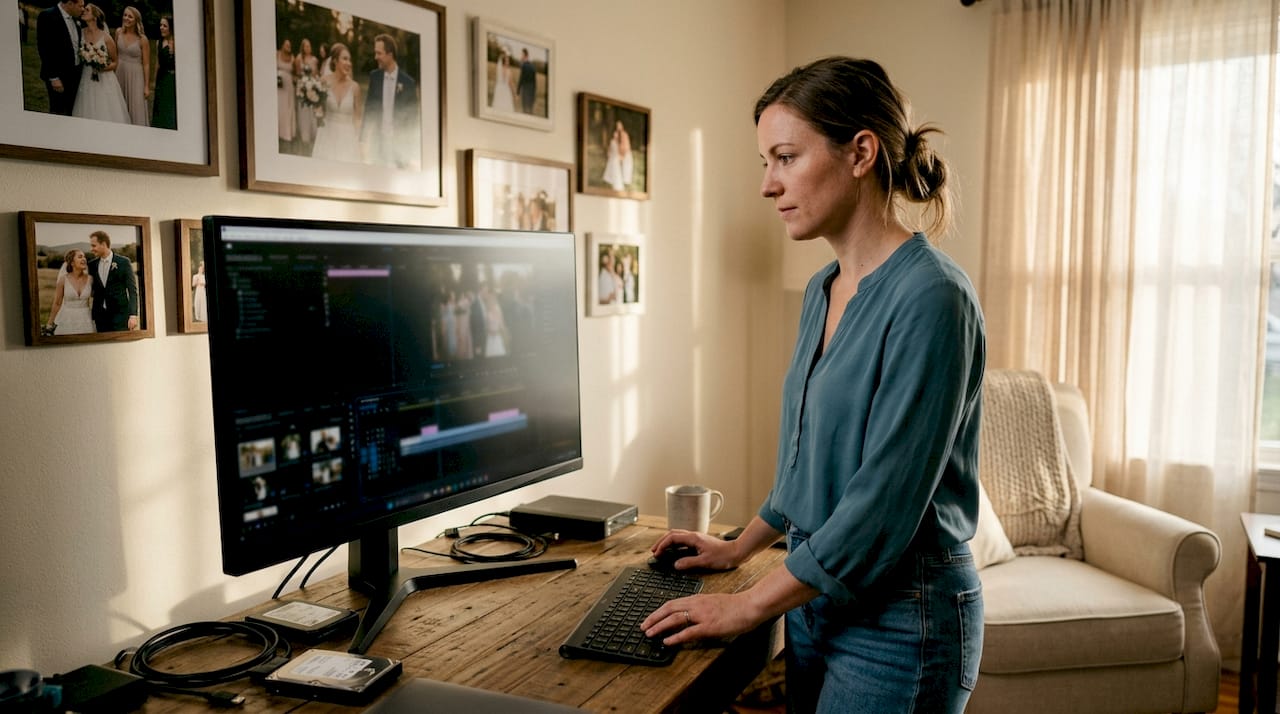 Videographer editing wedding highlight reel in studio