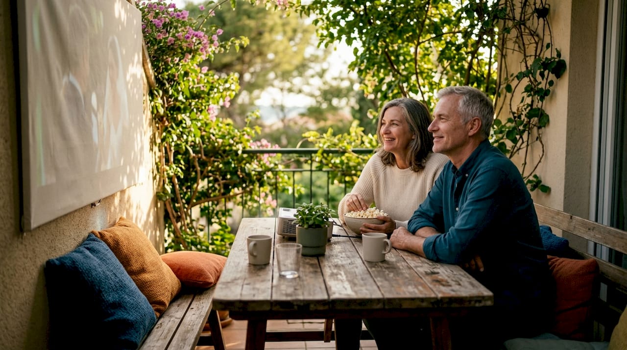 Couple watching full-length wedding film at home