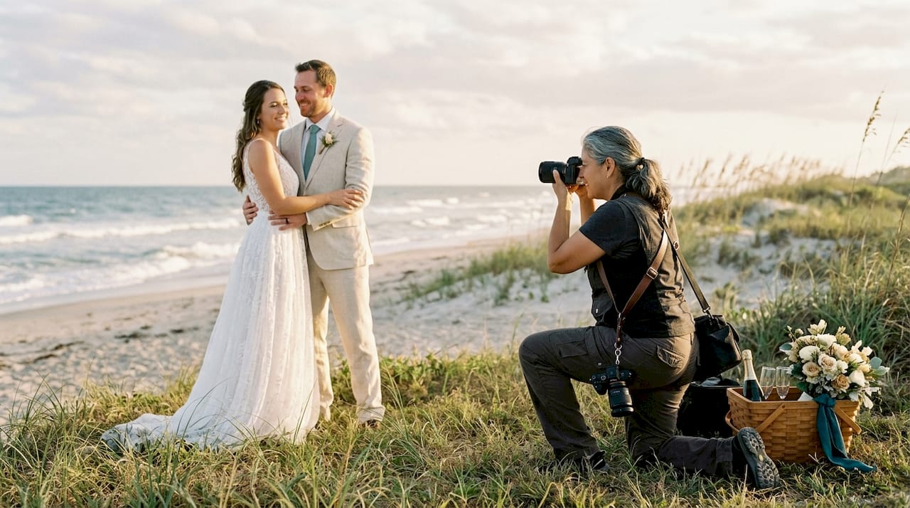 Photographer setting camera at Florida winter wedding