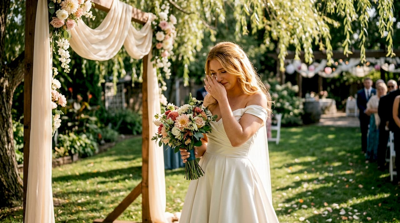 Bride wiping tears during wedding ceremony