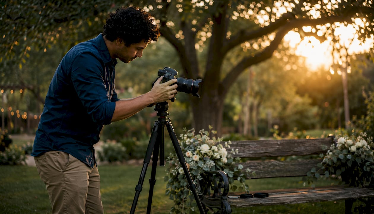 Wedding photographer adjusting camera setup indoors