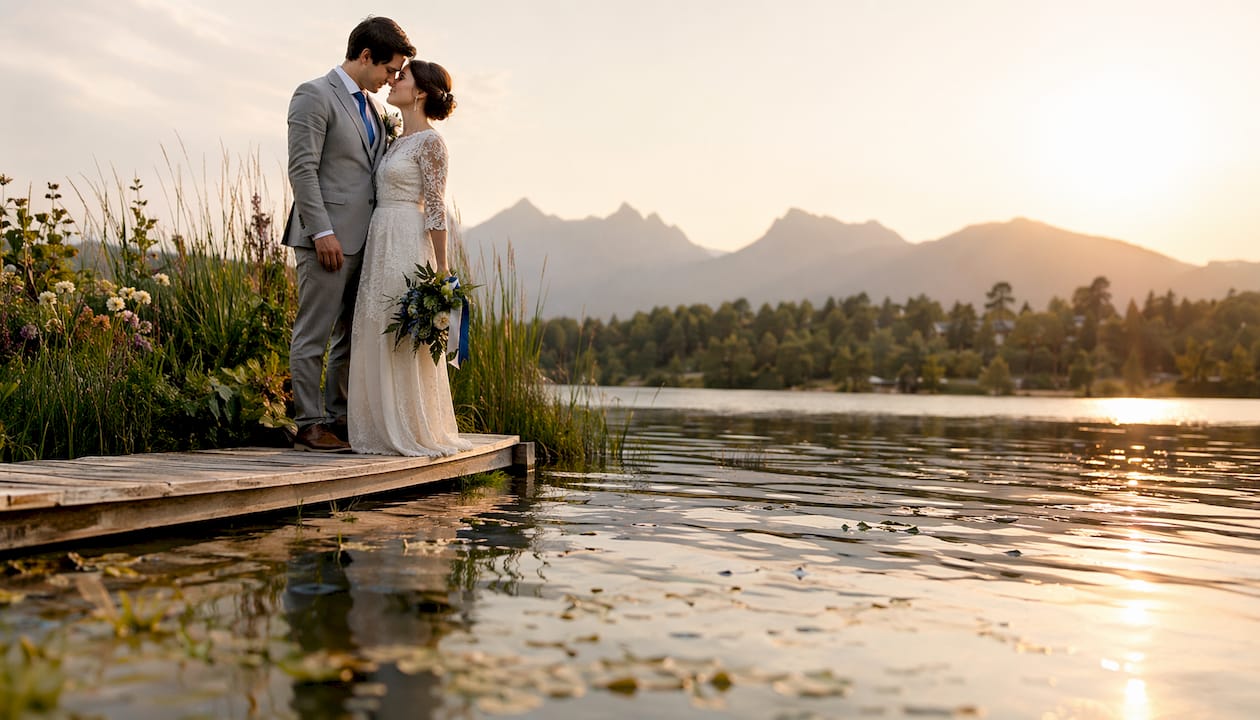Newlywed couple embracing at golden hour outdoors