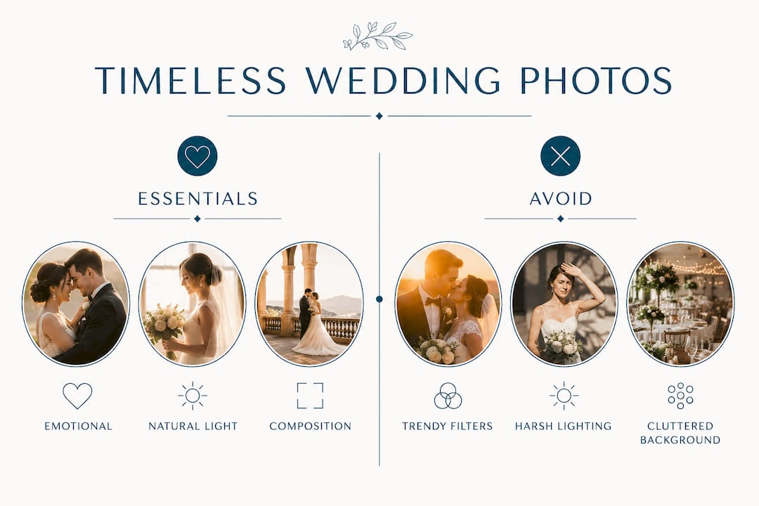 Infographic comparing essential elements and avoidances for timeless wedding photos