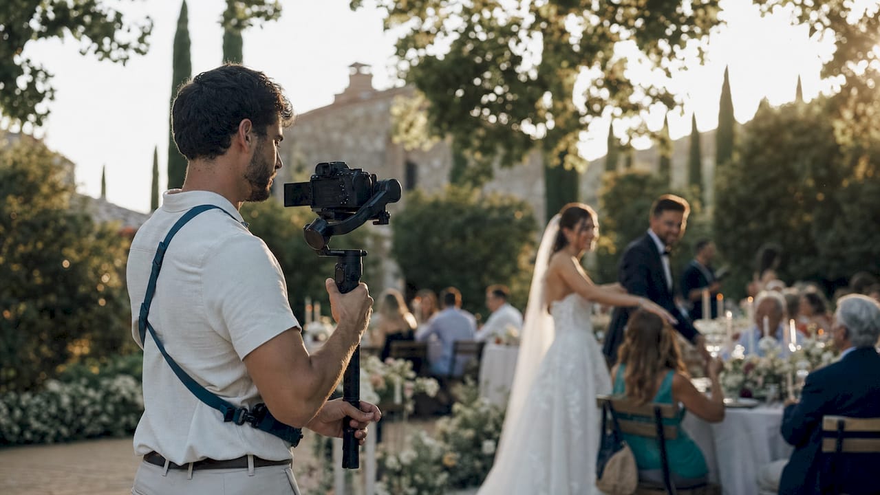 Videographer capturing candid wedding moments outdoors