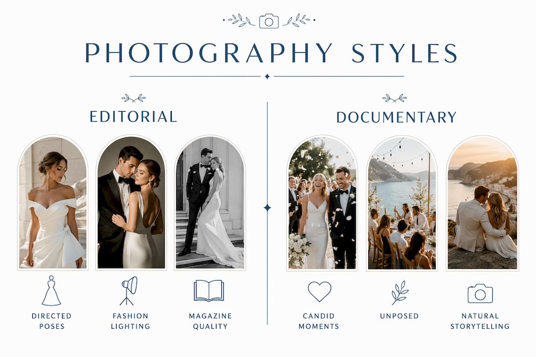 Infographic comparing editorial and documentary wedding photography