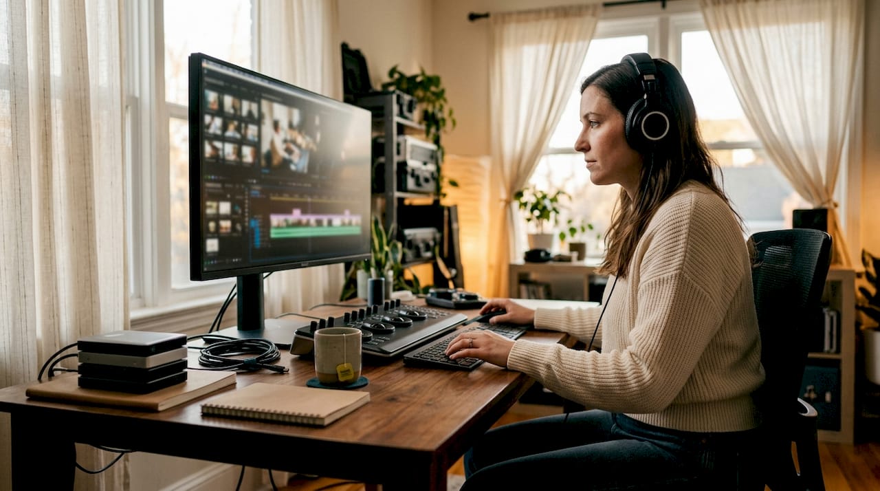Videographer editing wedding footage in studio