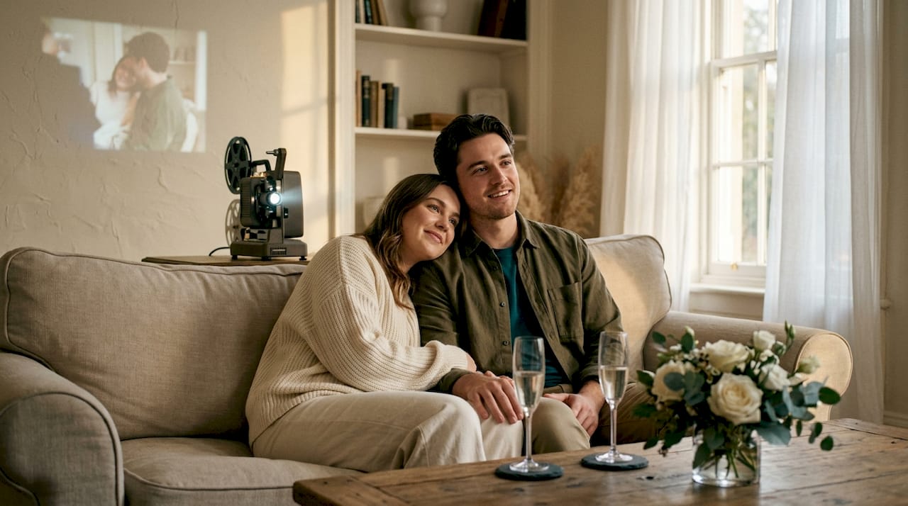 Couple watching wedding highlight film at home