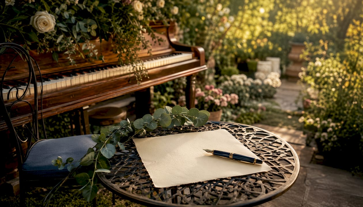 Piano keyboard and handwritten wedding vows