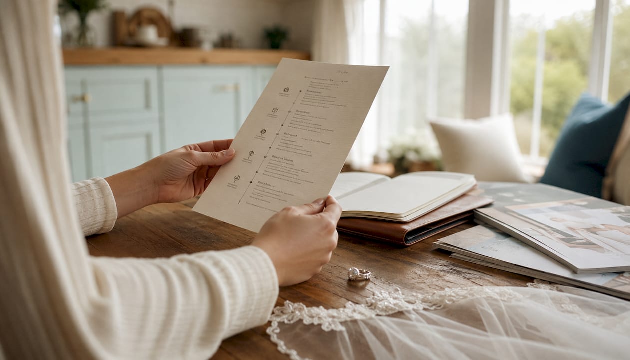 Hands holding wedding booking timeline document