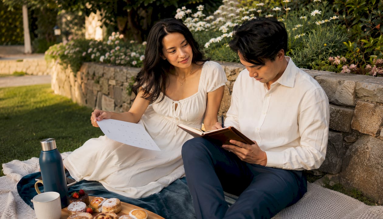 Couple planning wedding photography booking