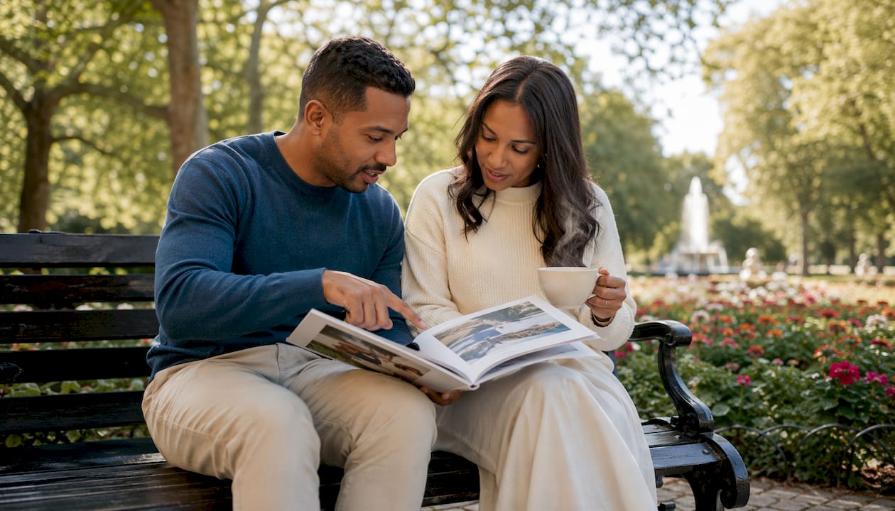 Couple reviewing wedding photography portfolio