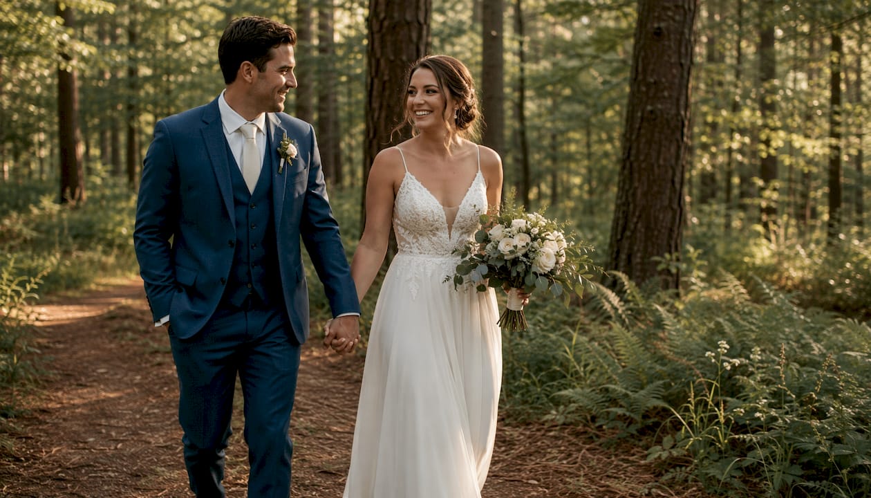 Couple walking cliffside at sunset wedding