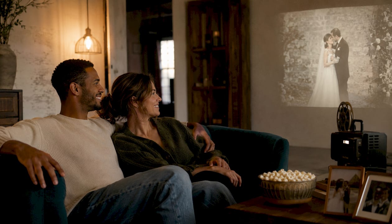 Couple watching wedding film together