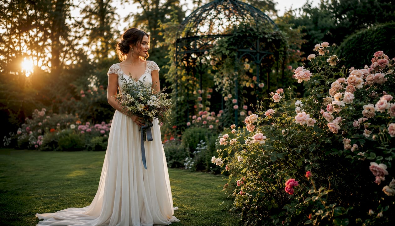 Bride in white gown posing outdoors in garden