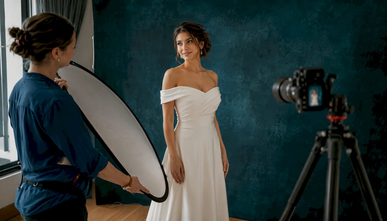 Bride posing confidently in photography studio