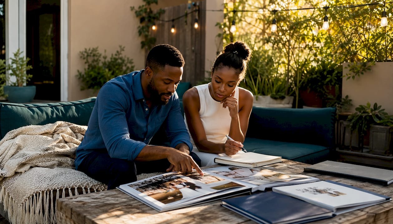 Couple reviewing wedding photo portfolios