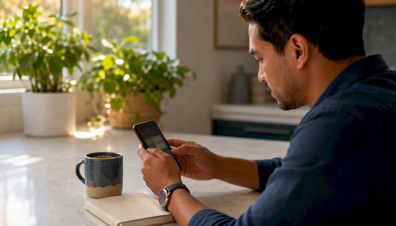 Hands scrolling wedding reviews on smartphone