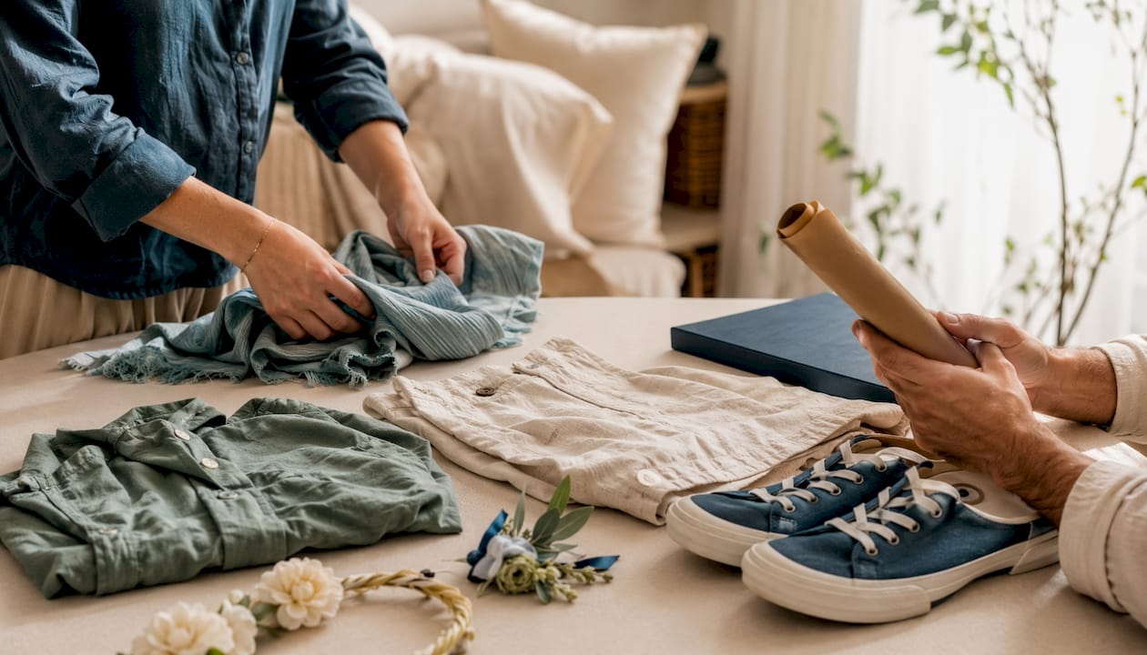 Hands organizing engagement session outfits