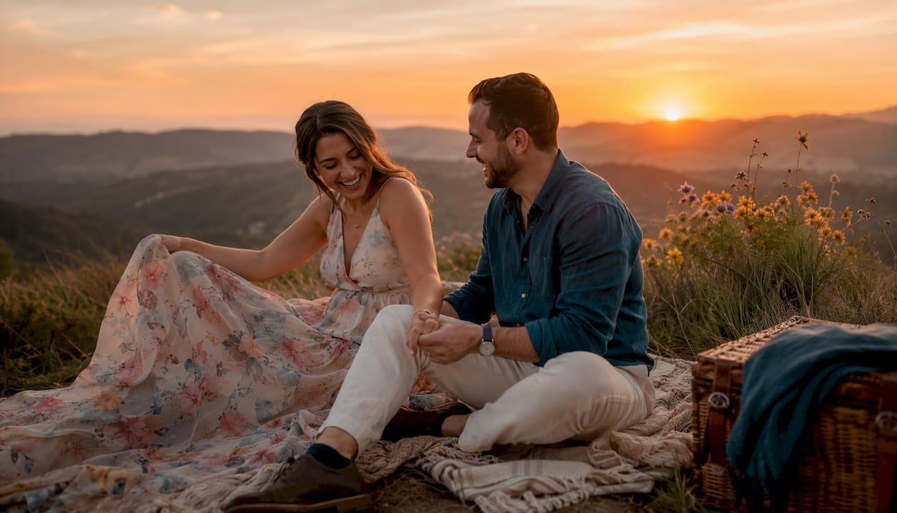 Couple enjoying golden hour light outdoors
