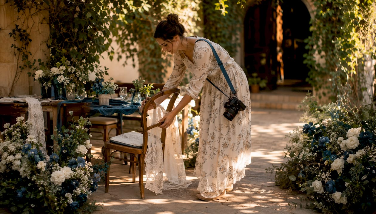 Photographer setting up styled wedding shoot outdoors