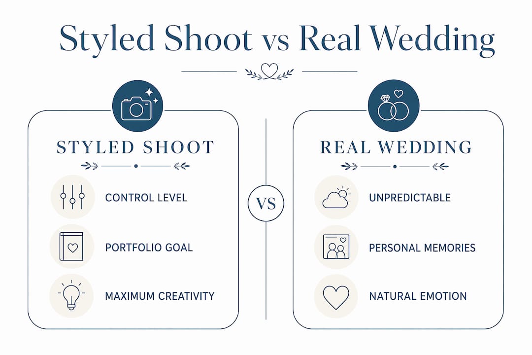 Infographic comparing styled shoot and real wedding