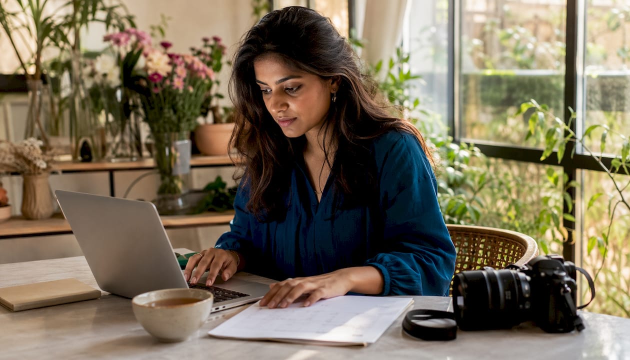 Photographer organizing wedding shot list at desk