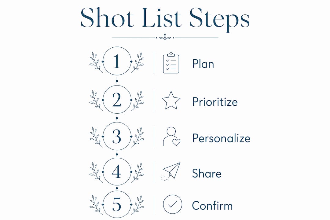 Infographic showing steps to create wedding photography shot list