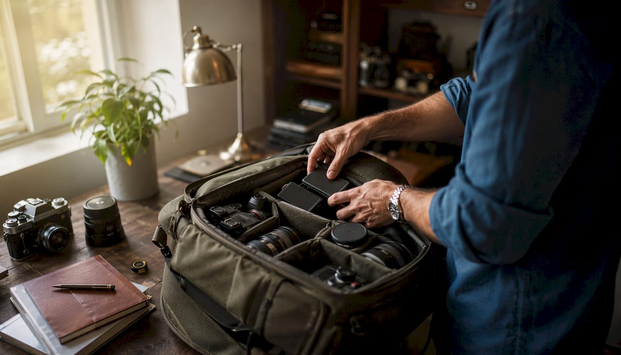 Photographer packing camera gear meticulously