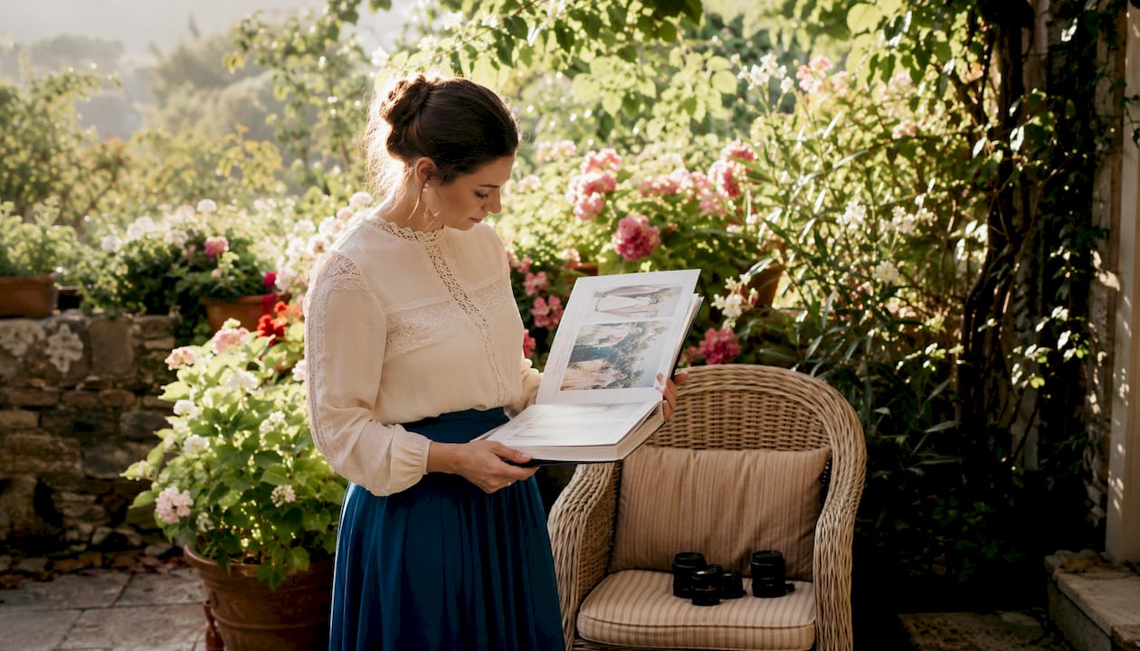 Wedding photographer reviewing portfolio album
