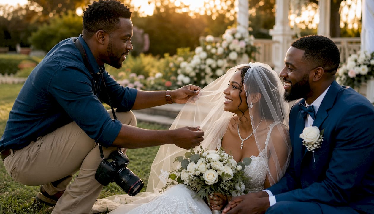Photographer engaging with wedding couple outdoors