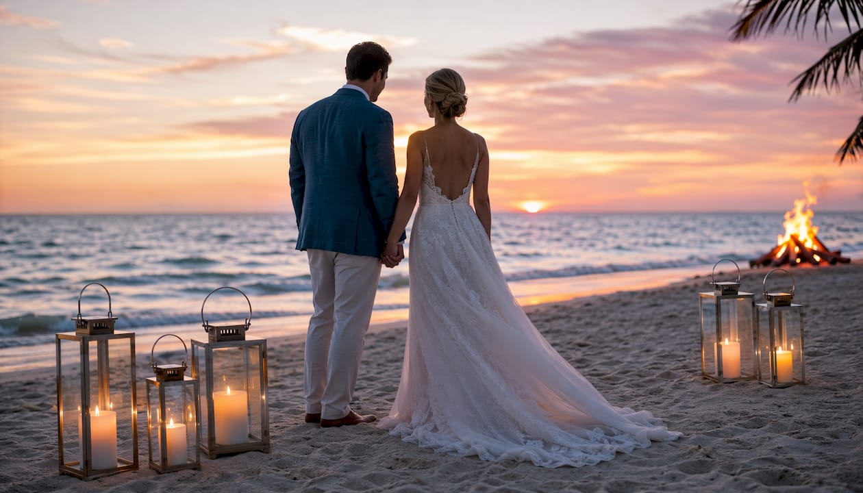 Bride and groom at Florida beach sunset