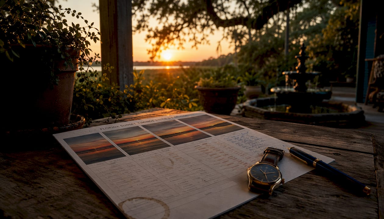 Florida sunset timing calendar flat lay