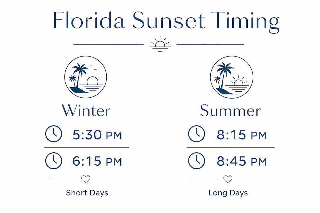Infographic comparing Florida sunset times in winter vs. summer