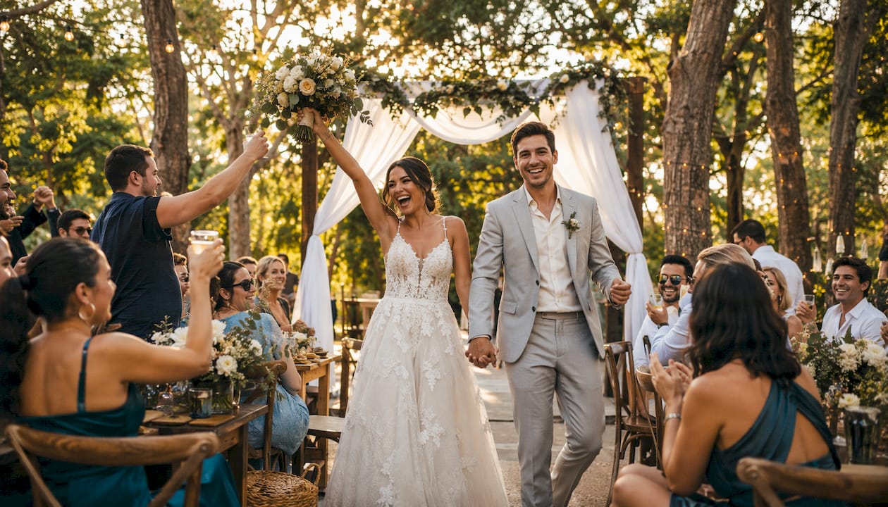 Bride and groom entering lively wedding reception