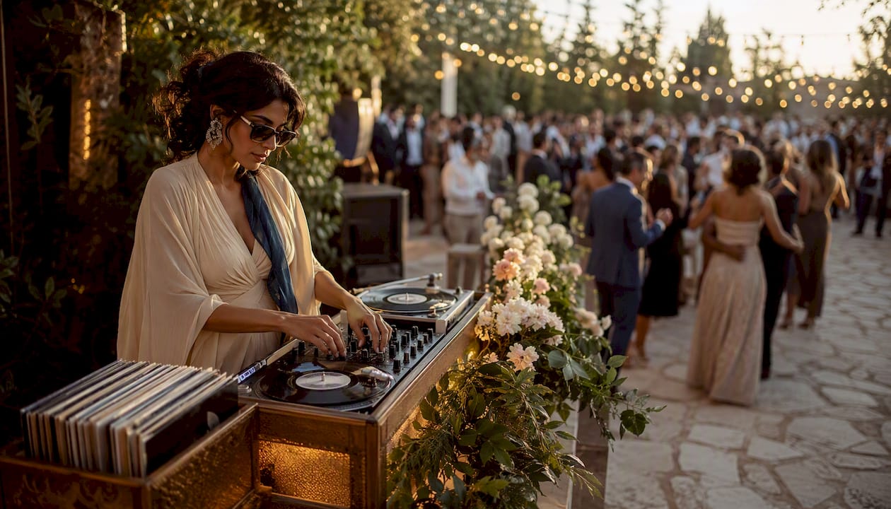 DJ playing upbeat music at wedding entrance