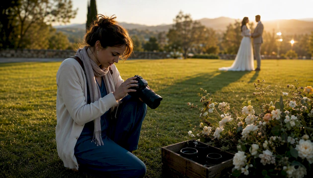 Photographer adjusting camera before ceremony
