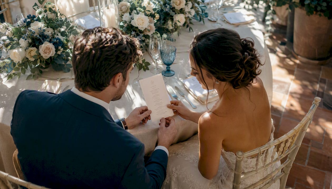 Couple at garden brunch wedding table