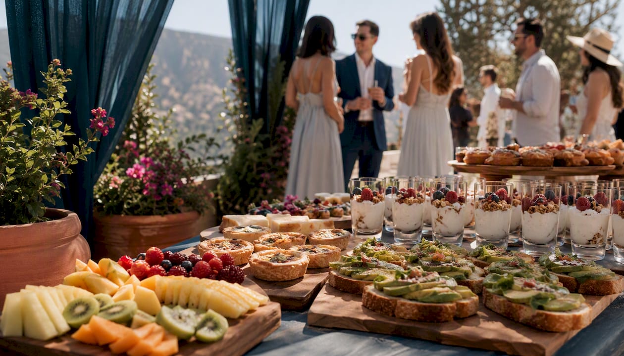 Brunch buffet spread with fruit and quiches
